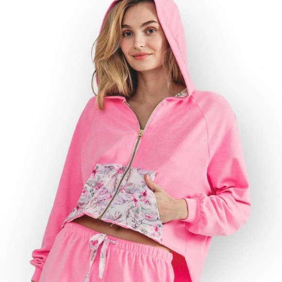 LoveShackFancy x Hurley Hoodie Hawaiian Hibiscus Pink Terry Zip Up Medium New - Picture 8 of 12